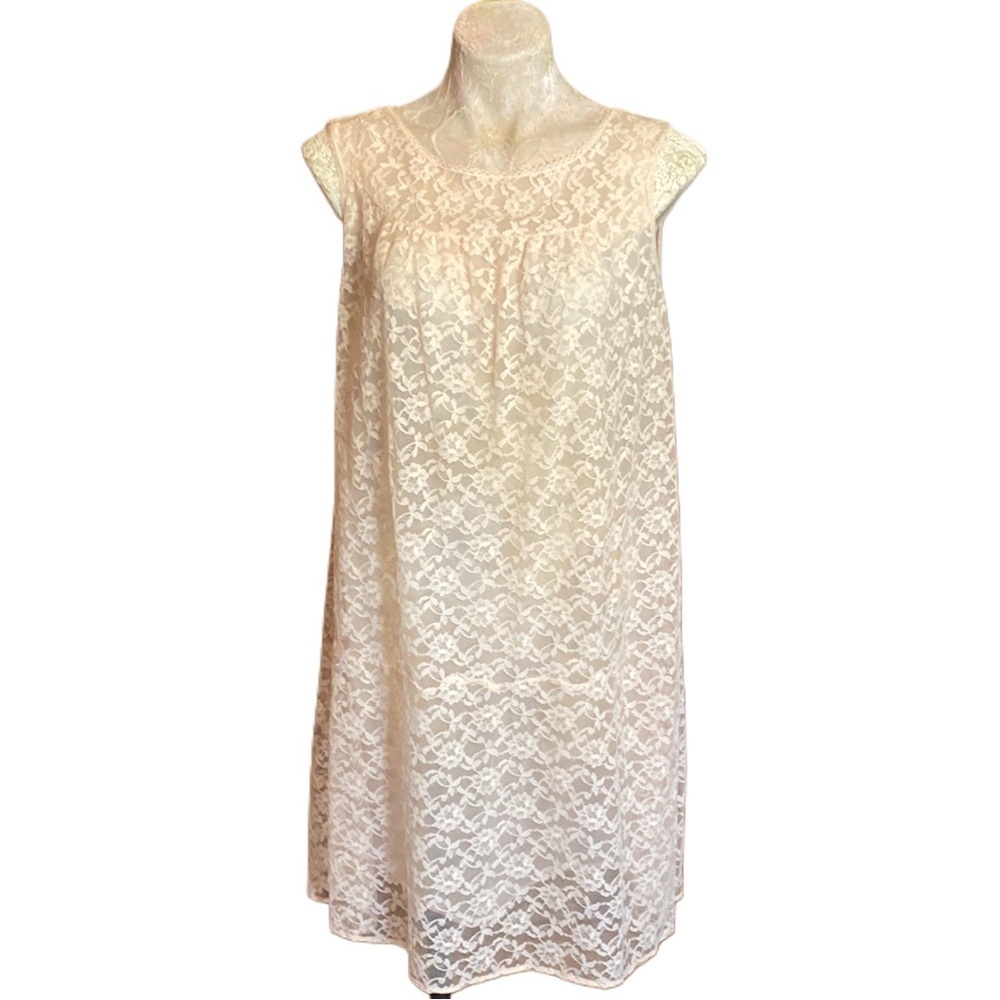 Deena Vintage Nightgown - Blush Pink lace sheer midi length long sleeveless Sz L